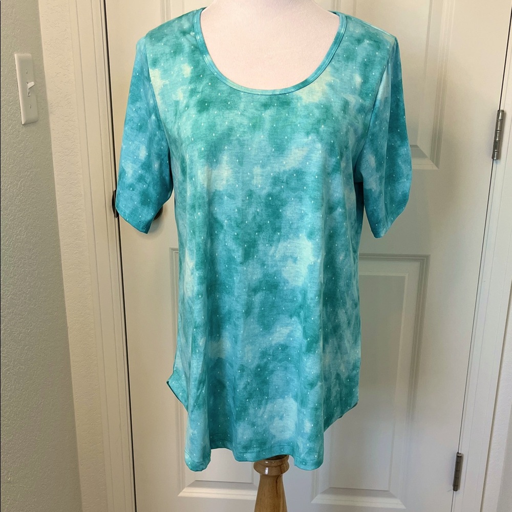 LuLaRoe Morgan Teal Watercolor Print Flare Tunic Top Large 14-16